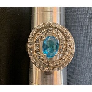 Statement Ring Womens Size 7.5 Blue Oval Gemstone Double Halo Spiral Silver Tone